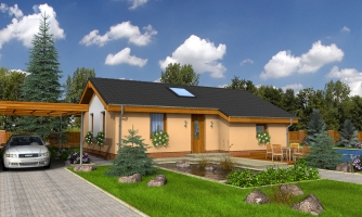 Casa estrecha y económica para una parcela pequeña con tejado a dos aguas e iluminada mediante ventanas de tejado Velux. Efecto ático en la planta baja.